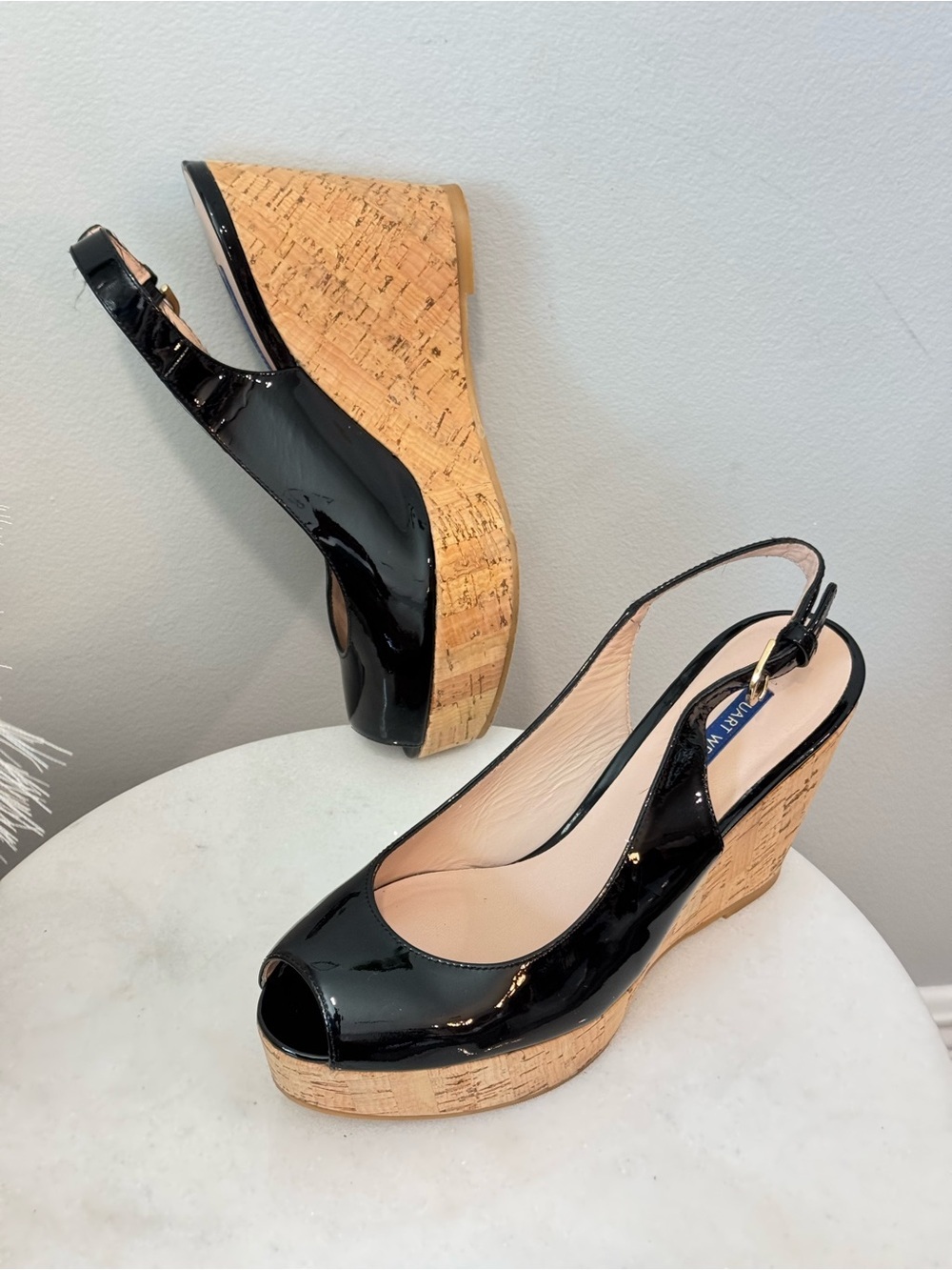 Stuart Weitzman Black Patent Cork Wedge Slingback Peep-Toe Sz 6.5